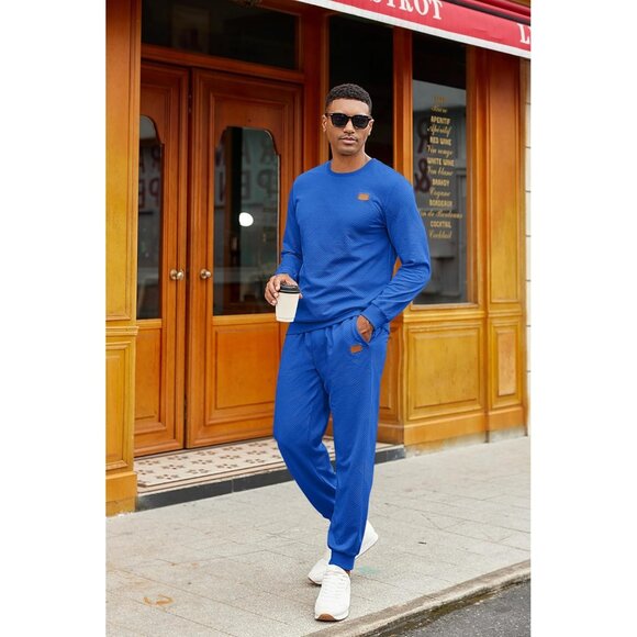 Men's 2 Piece Sweat suit Jogging Suit Set Long Sleeve Jacquard Shirt Bright Blue - Picture 4 of 6